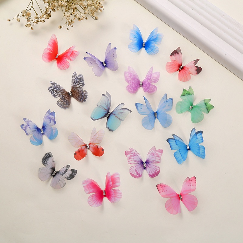 Set 50 bướm voan 2 lớp đính đá làm bó hoa hoặc kẹp tóc hay trang trí váy áo hồ điệp