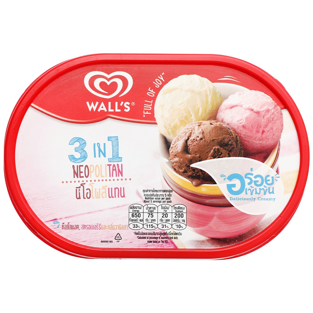 Kem hộp socola vani dâu Wall's 3in1 Neopolitan 760ml