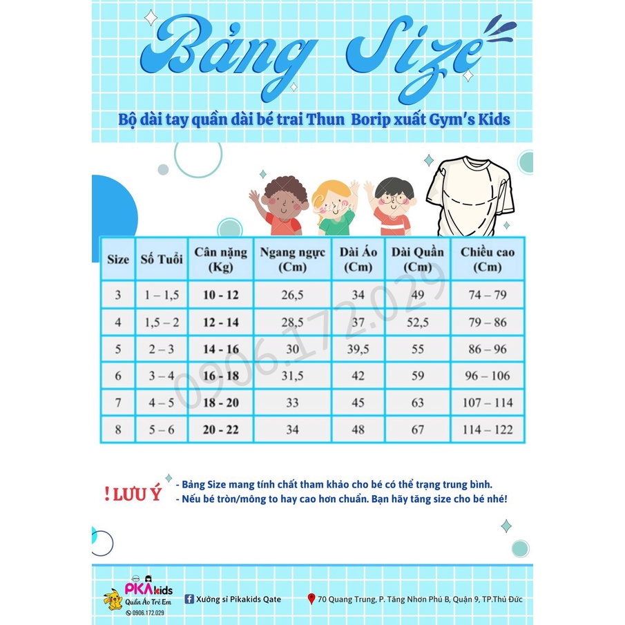 Bộ tay dài quần dài cho bé thu đông thun Cotton Borip xuất 10 ký đến 23 ký