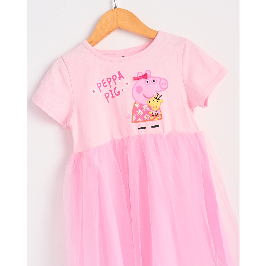 Váy Bé Gái In Hình Peppa Thun Cotton Phối Chân Voan Màu Hồng