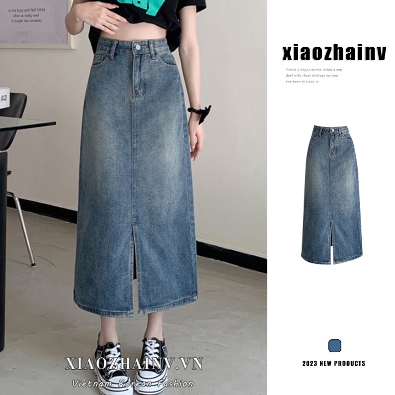 Chân váy jean midi XIAOZHAINV chữ a lưng cao xẻ tà phong cách vintage Hàn Quốc dễ phối đồ cho nữ