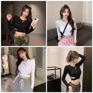 Áo kiểu thun nữ croptop phối hở hai bên cá tính tay dài