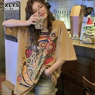 Áo thun XINLANYASHE cotton tay ngắn dáng rộng in họa tiết hoạt hình phong cách Hàn Quốc thời trang cho nữ