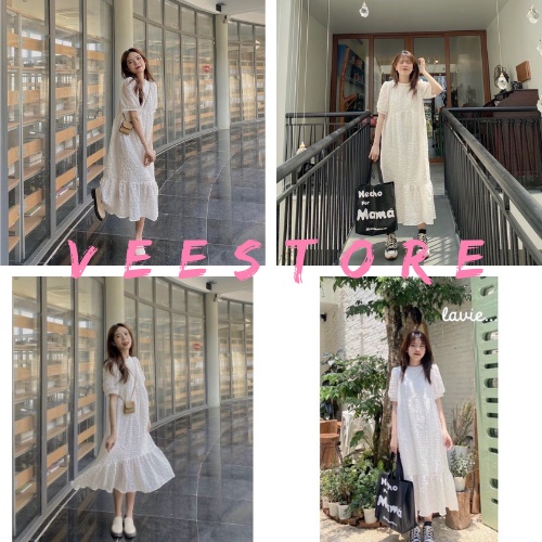 Váy trắng maxi chất vải xốp dập nhún dáng suông dài qua gối/váy suông dáng dài cổ tròn phong cách Hàn Quốc VEESTORE