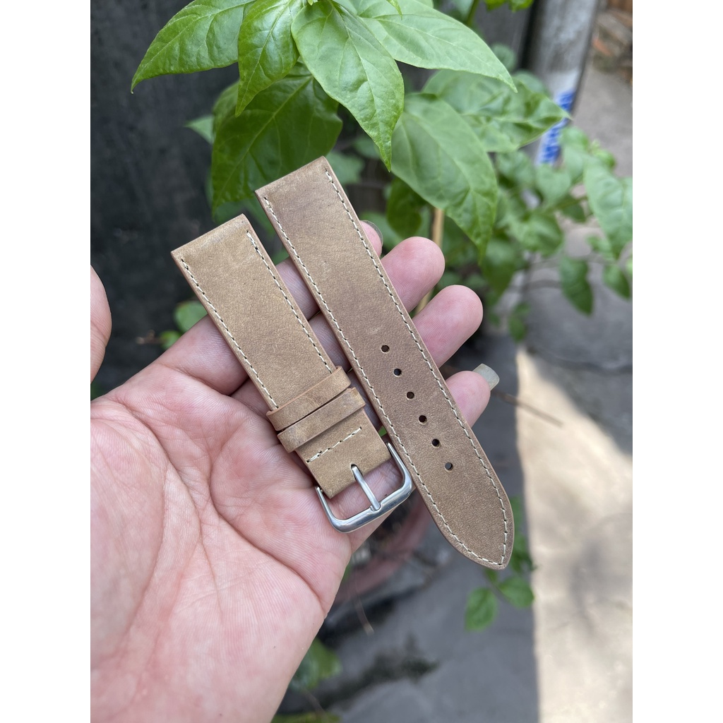 Dây đồng hồ da Bò Sáp khâu chỉ viền màu Vàng cát nhiều Size, có size lẻ, Tặng kèm khóa, chốt và dụng cụ thay dây