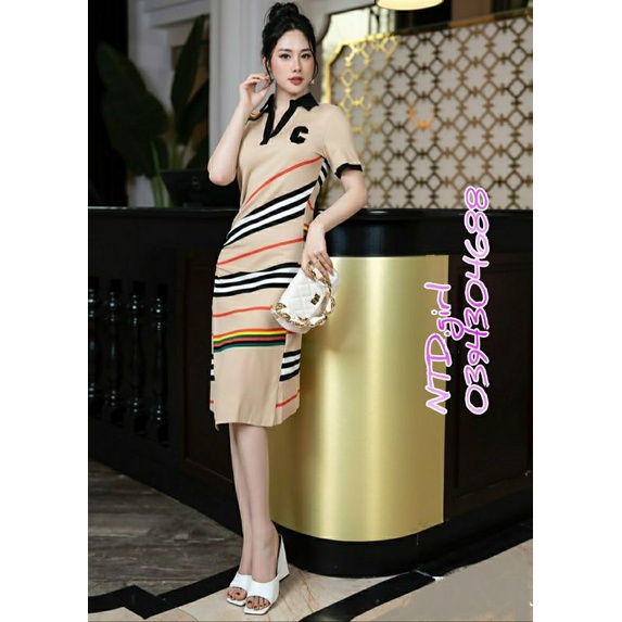 Hàng nhập - Đầm dáng ôm suông nhẹ xẻ tà nhíu thun eo, váy thun cotton kẻ BBR cổ sơ mi