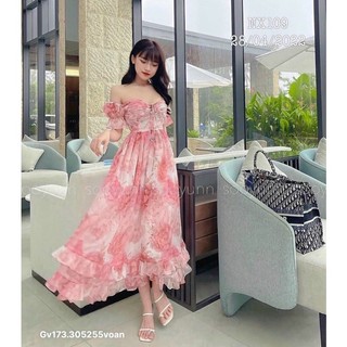 gv173- Đầm trễ vai hoa hồng , chất voan lót