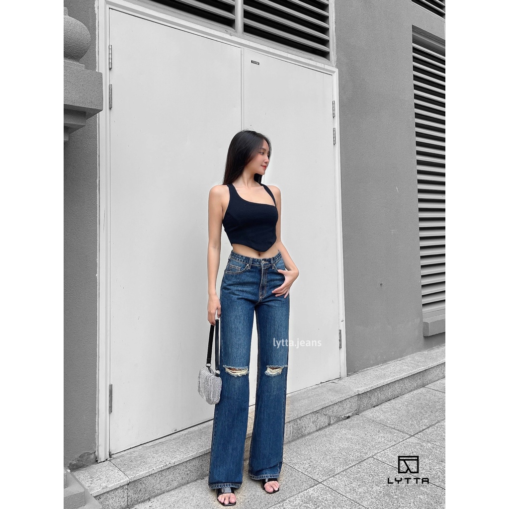 QUẦN JEANS ÔNG SUÔNG RÁCH GỐI 105cm SIÊU HACK DÁNG - XANH ĐẬM