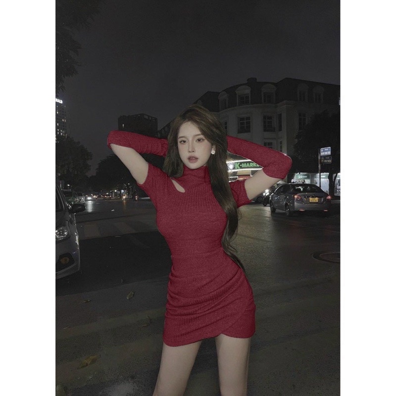 Đầm Body nữ hở khoét vai cổ lọ tay ngắn cá tính