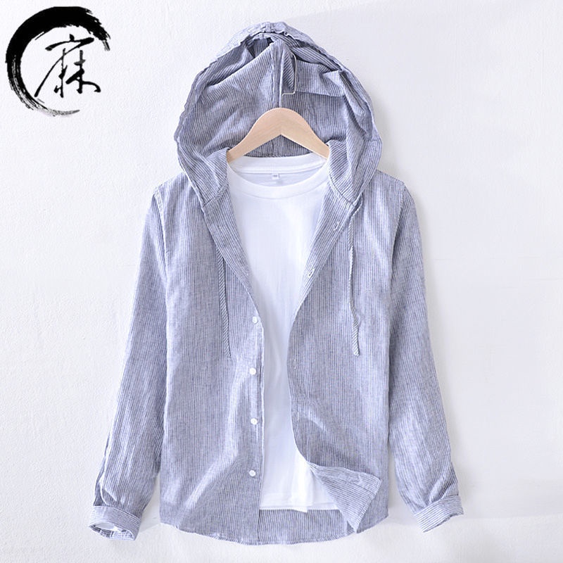 Áo Khoác Sơ Mi cotton Lanh Mỏng Tay Dài Có Nón Họa Tiết Kẻ Sọc Phong Cách Nhật Bản Thời Trang Xuân Thu Cho Nam