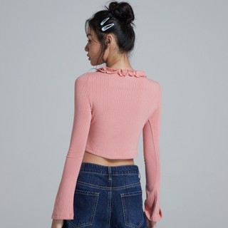 Áo Croptop Ôm Tay Dài Thun Gân, Phối Nơ Cột, Thiết Kế Viền Bèo Trẻ Trung - Maybi Chính Hãng
