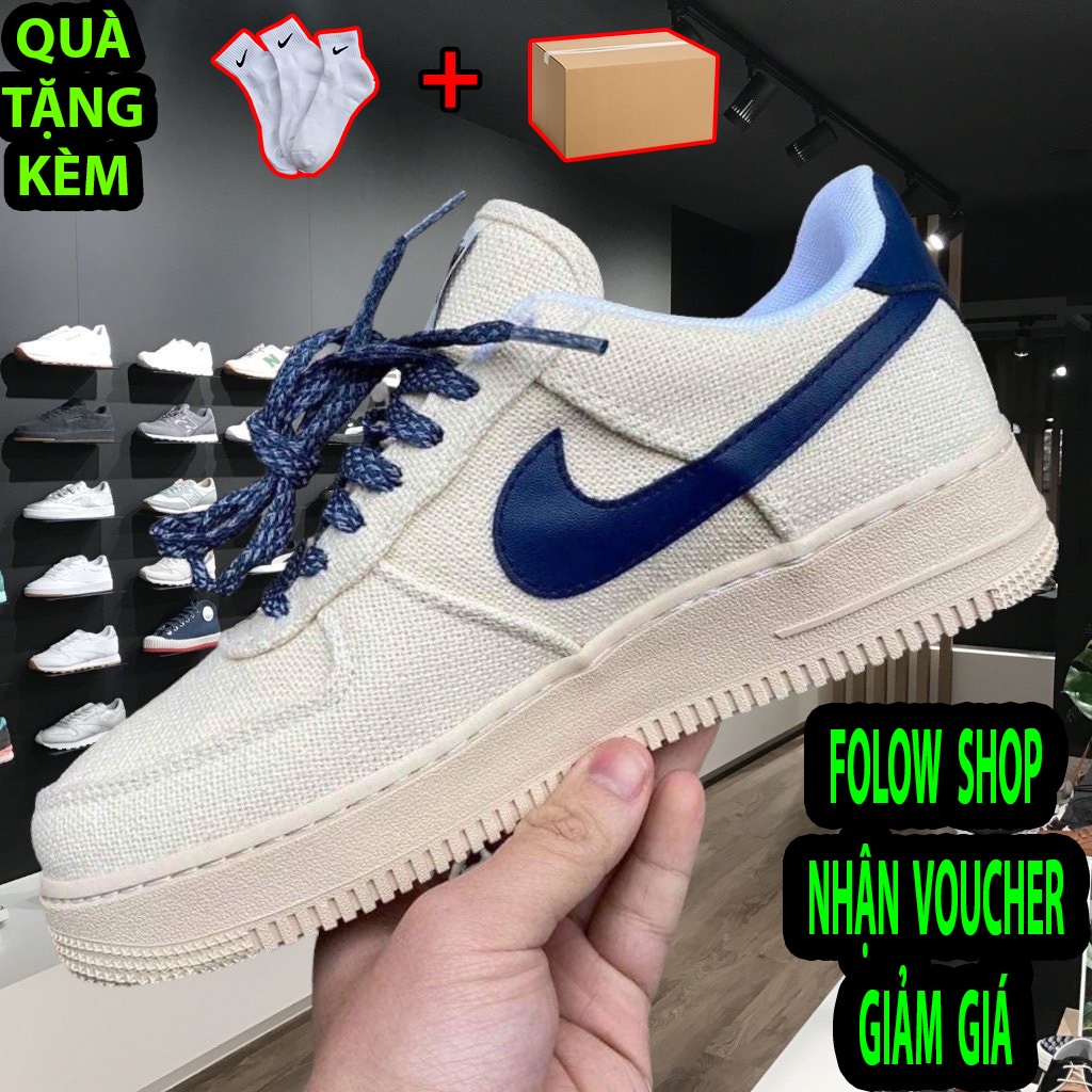 Giày Af1 Canvas Navy, Giày Air Focer 1 Vải, Màu Be Sữa Đủ Size Nam Nữ, Full Bill Box + Quà Tặng từ bản s.cấp