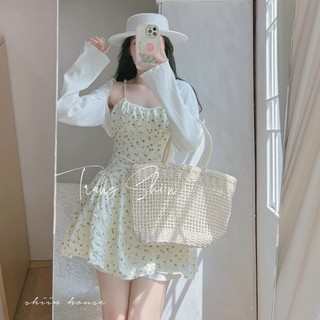 SET ĐẦM 2S HOA NHÍ VÀNG KEM XOÈ + KHOÁC CROP TRẮNG