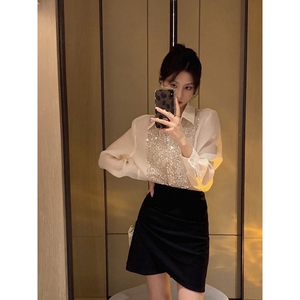 Áo sơ mi vải lụa đính nhũ kim cương,áo sơ mi công sở phong cách sang chảnh thanh lịch nhẹ nhàng