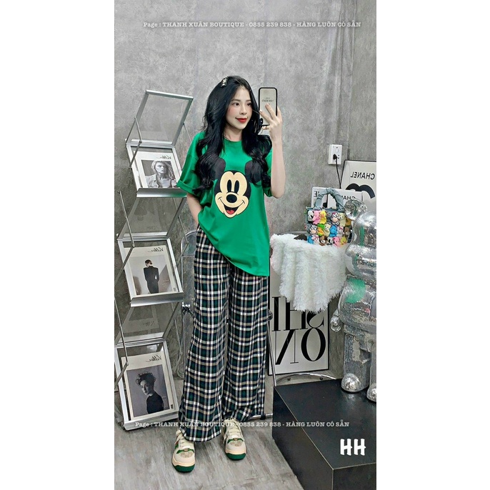 Set bộ thun phối caro, set áo thun from rộng màu xanh in hình mickey phối quần dài kẻ caro năng động