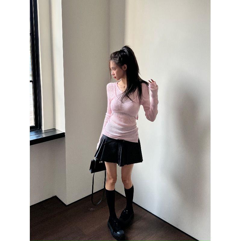 Muguay Áo Sơ Mi Giả Hai Mảnh Màu Hồng Dáng Ôm Cao Cấp Sang Trọng Có Dây Buộc Dành Cho Bạn Nữ