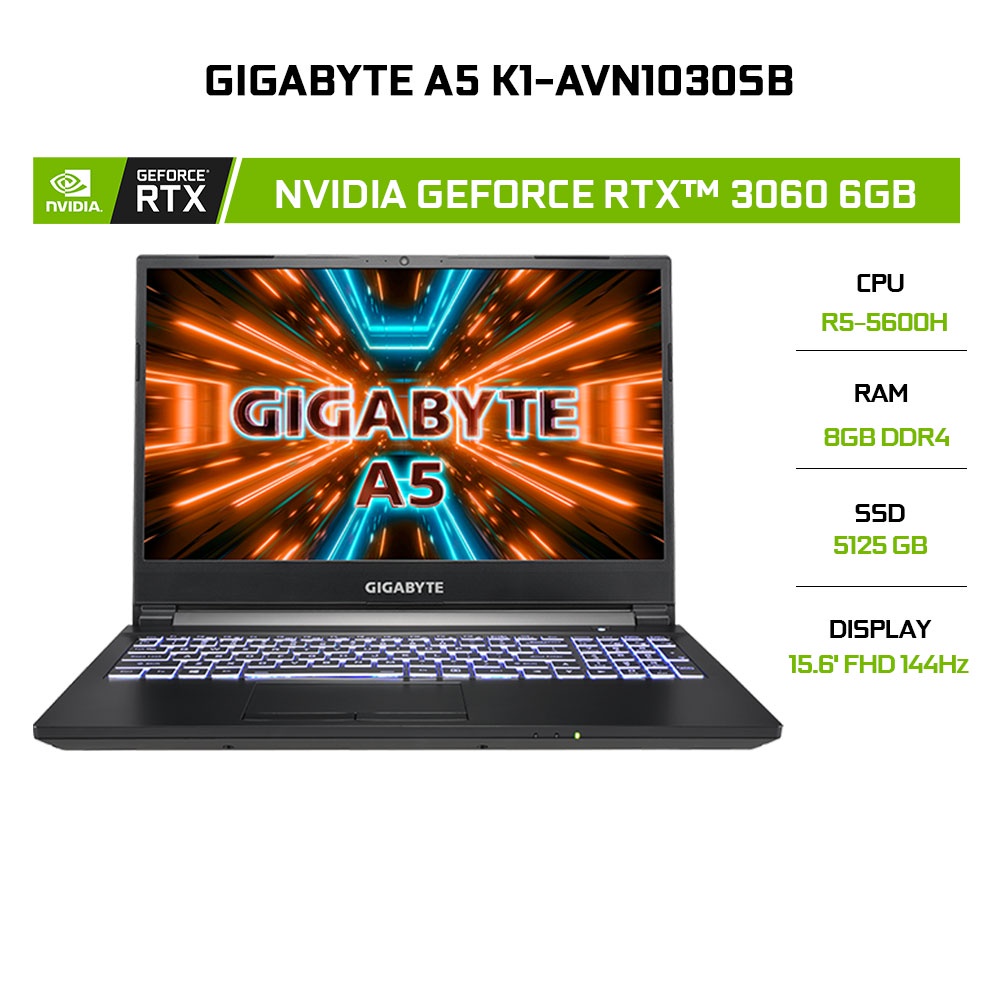 Laptop Gigabyte A5 K1-AVN1030SB R5-5600H | 8GB | 512GB | GeForce RTX™ 3060 6GB | 15.6'