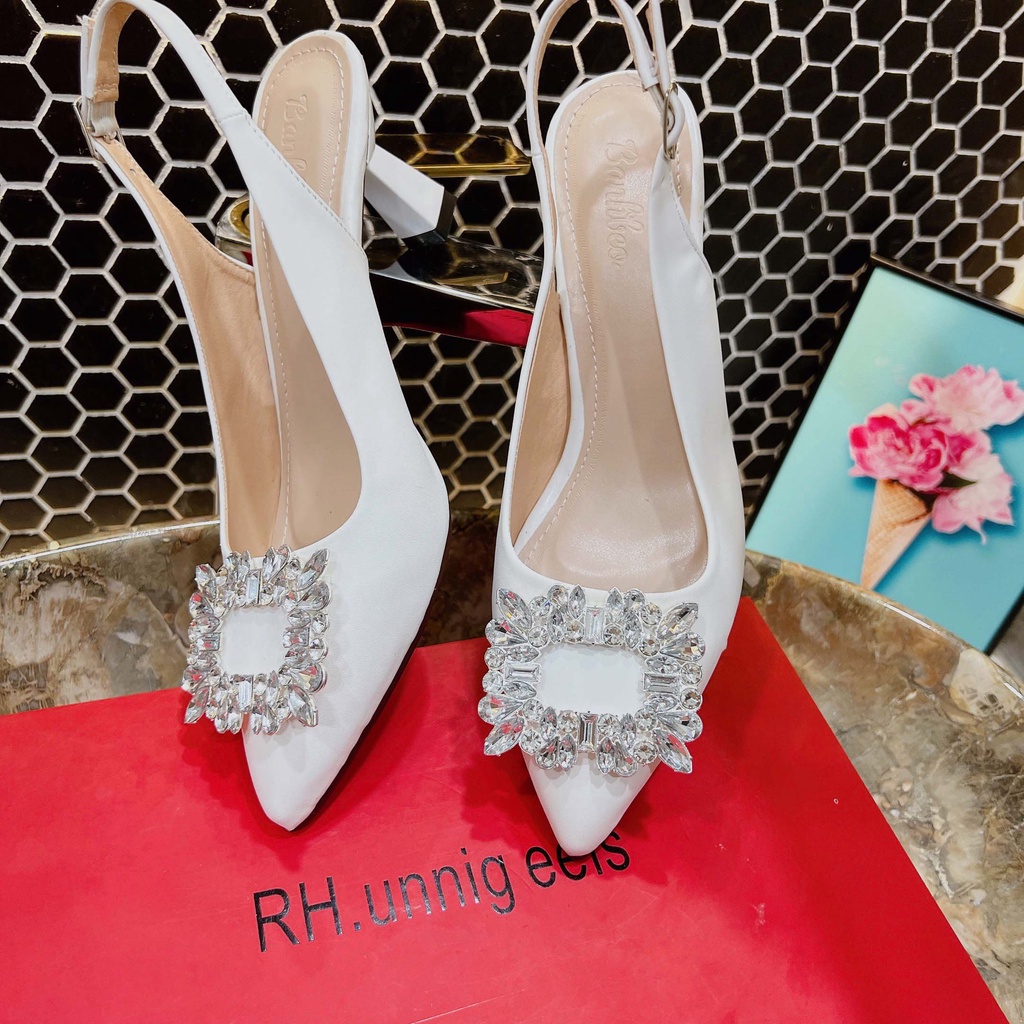 Giày Cao Gót Sandal Nữ đính đá gót nhọn Xinh Xuất sắc - Cao 6P - Giày Bánh Bèo mã HoaDaMuiNhon