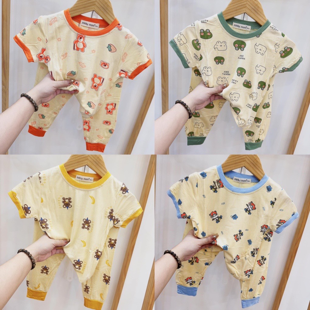 Bộ tay ngắn quần dài Minky Mom thun lạnh size 8-28kg họa tiết in cây phối viền cho bé trai bé gái - Voi Kids Shop