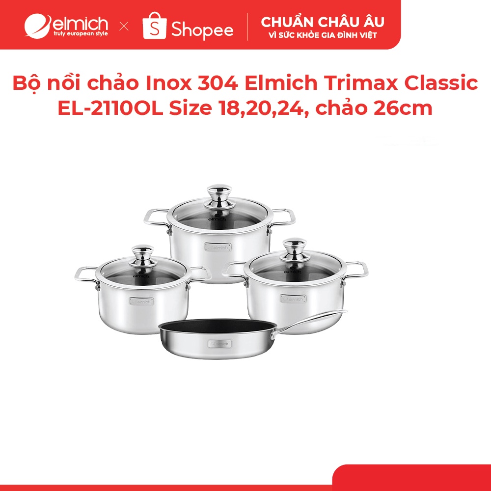 [LIFEMCMBP4 -12% đơn 250K] Bộ nồi chảo Inox 304 cao cấp 3 đáy liền nguyên khối Elmich Trimax Classic EL-2110OL
