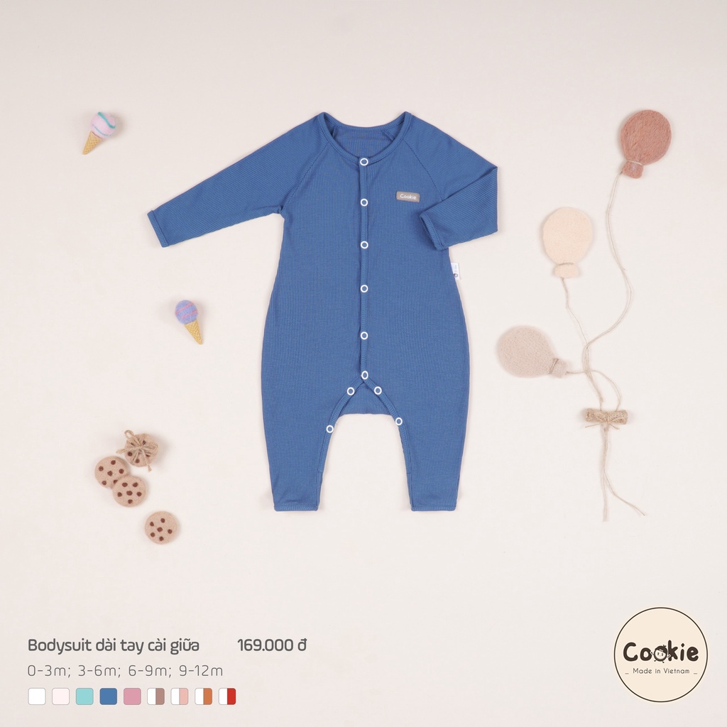 Bodysuit dài tay cài giữa COOKIE cho bé size 0-3m, 3-6m, 6-9m, 9-12m