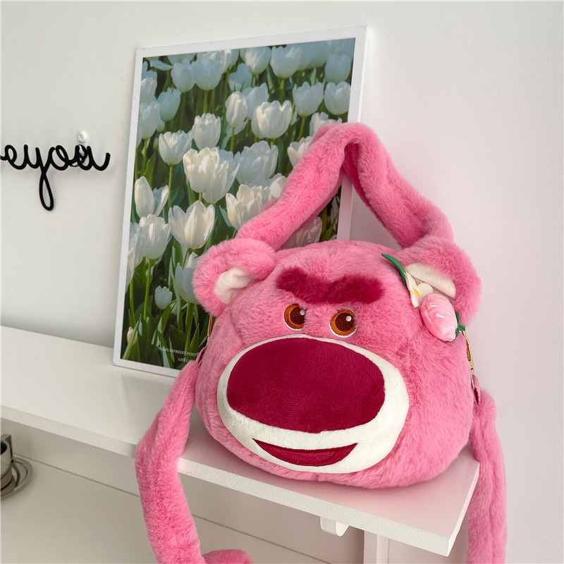 Túi xách đeo vai phủ lông họa tiết Gấu Dâu Lotso đáng yêu cỡ lớn 25cm cho nữ _ Ting Ting