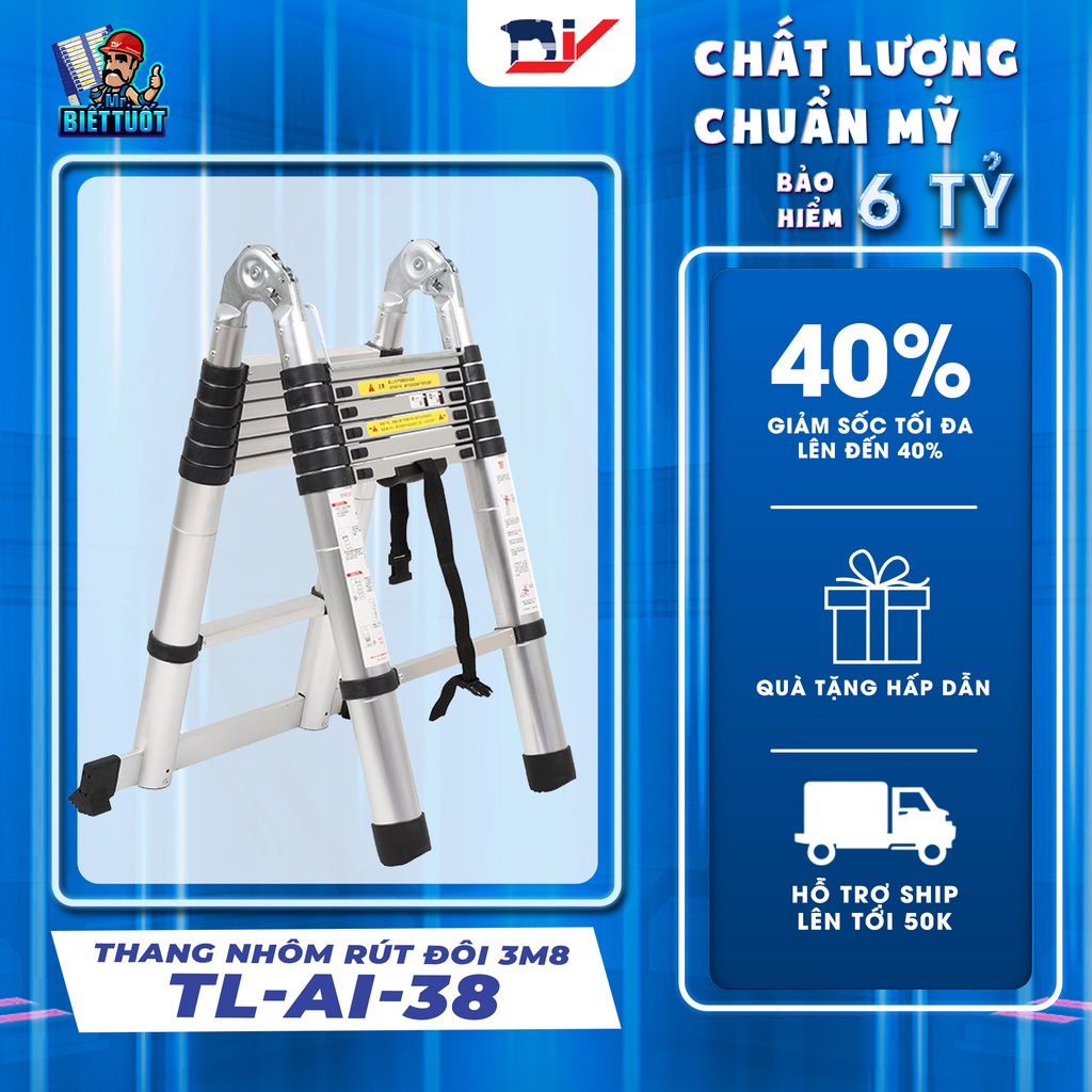 [HỎA TỐC 2H HCM] Thang nhôm rút đôi DIY TL-AI-38 chiều cao sử dụng tối đa chữ A 1.8m, chữ I 3.8m, tải trọng 150kg