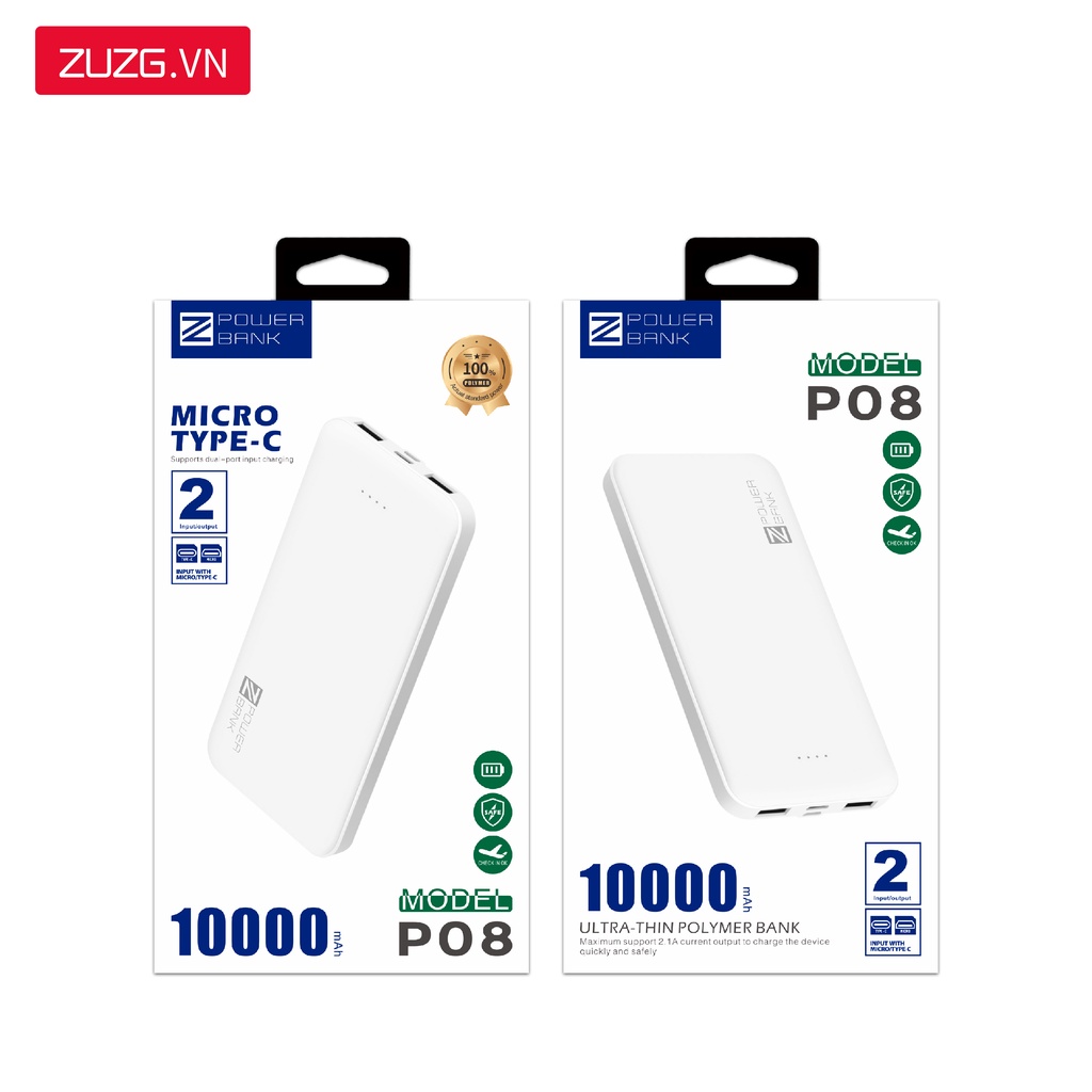 Sạc dự phòng 10000mAh ZUZG P08 - sạc cùng lúc 2 thiết bị