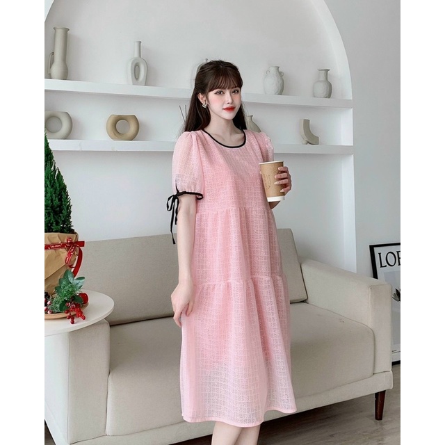 Đầm ren Xốp Hai Lớp Dáng Babydoll Phối Viền Nơ Mã H40