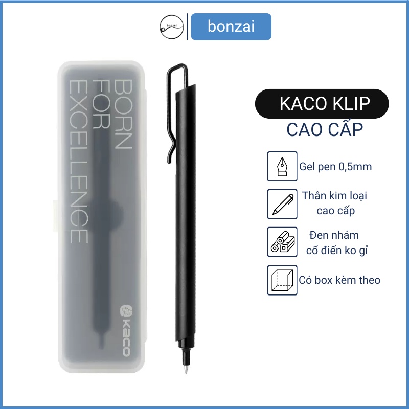 Bút gel KACO KLIP kim loại cao cấp màu đen nhám có hộp kèm theo thiết kế kiến trúc đẹp