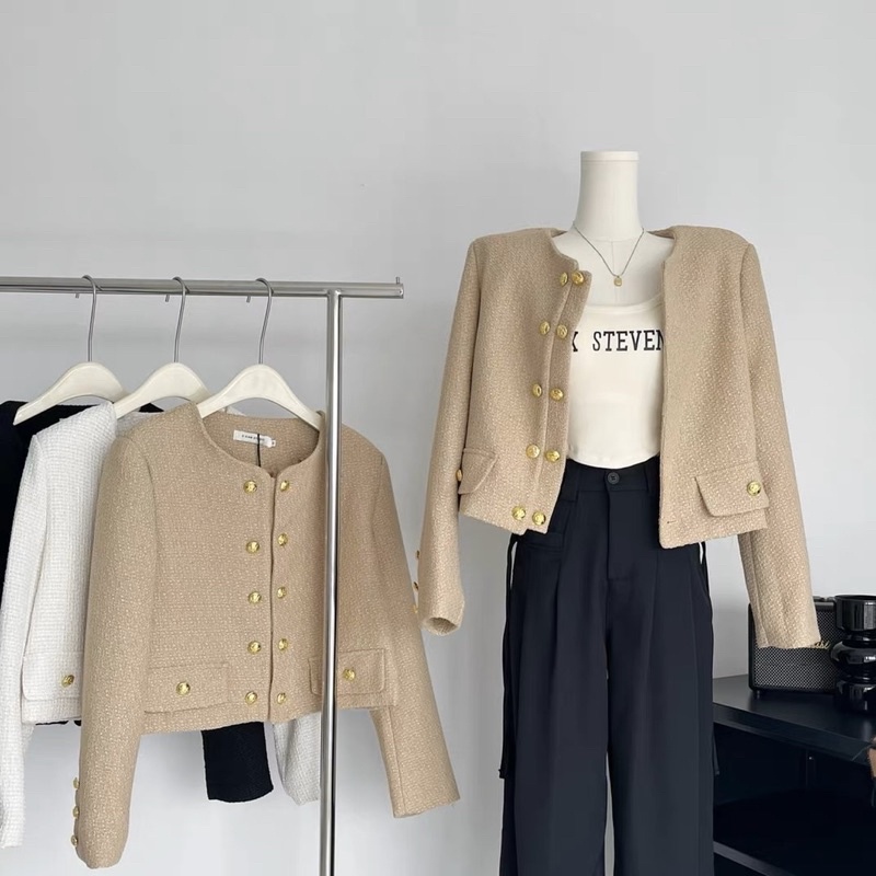 Áo khoác dạ tweed cho nữ khuy mạ vàng tay dài cổ tròn dáng ngắn