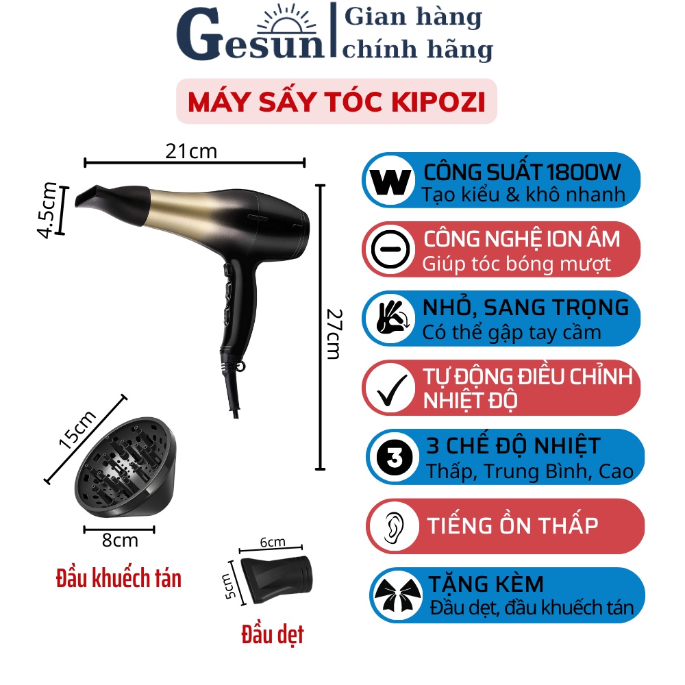 Máy sấy tóc công suất lớn KIPOZI 1800W cao cấp máy sấy tóc nóng lạnh công nghệ ion âm giúp khô nhanh, bóng mượt -BH 2năm
