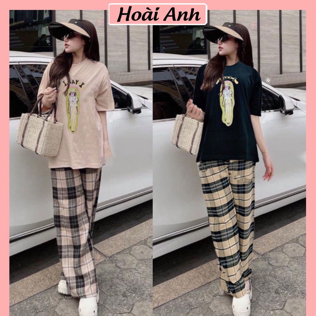 Set Bộ Đồ Nữ Áo Phông Cô Gái I SAY Mix Quần Suông Kẻ Caro Nâu Ống Rộng Freesize