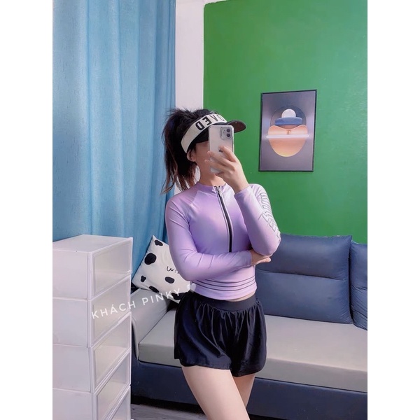 Đồ bơi nữ tay dài, áo tắm 2 mảnh kín đáo, chống nắng màu tím