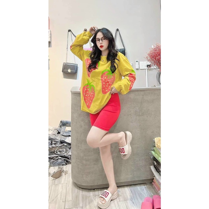 [3.3 Sales Freeship] Set bộ đùi mặc đi chơi, set áo thun tay dài from rộng in dâu phối quần lửng ngố ôm siêu cute mtb