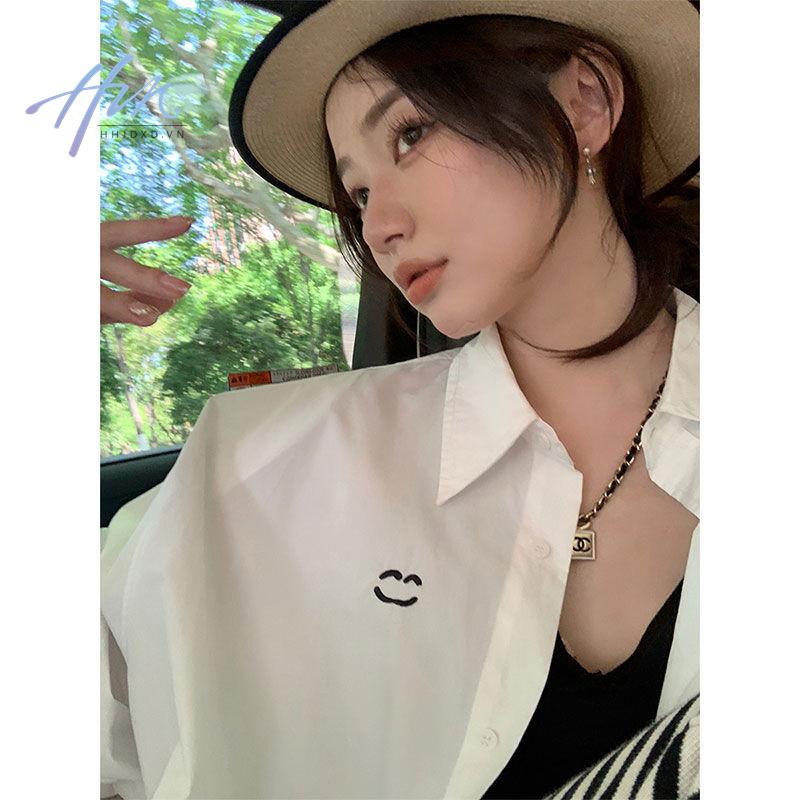 Áo Sơ Mi Trắng Tay Dài Dáng Rộng Thêu Hình Mặt Cười Màu Sắc Đơn Giản Thời Trang Hàn Quốc 2023