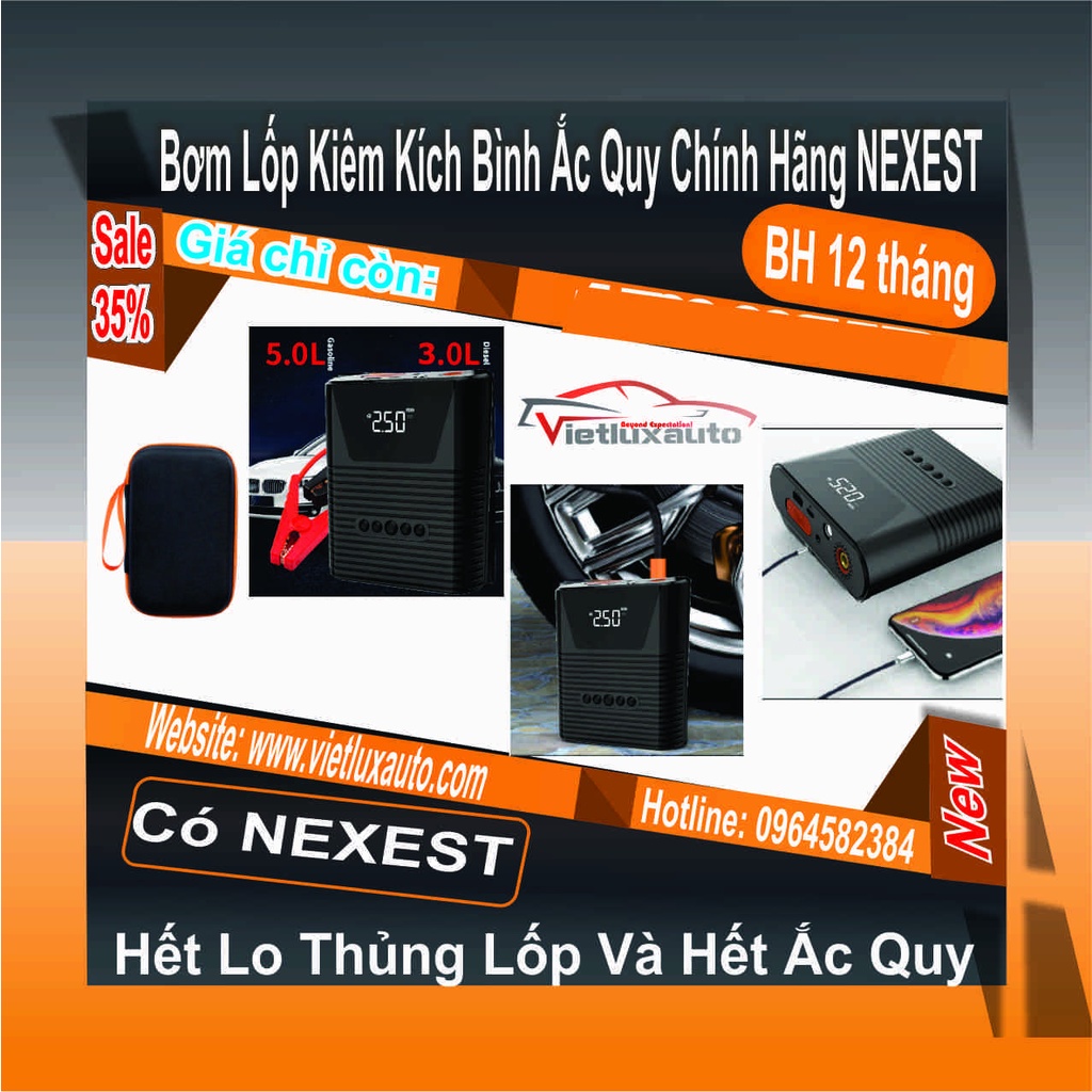 Bơm Lốp Đa Năng Kiêm Kích Bình Ắc Quy Sạc Pin Cầm Tay 12V – 8800Mah Chính hãng NEXEST