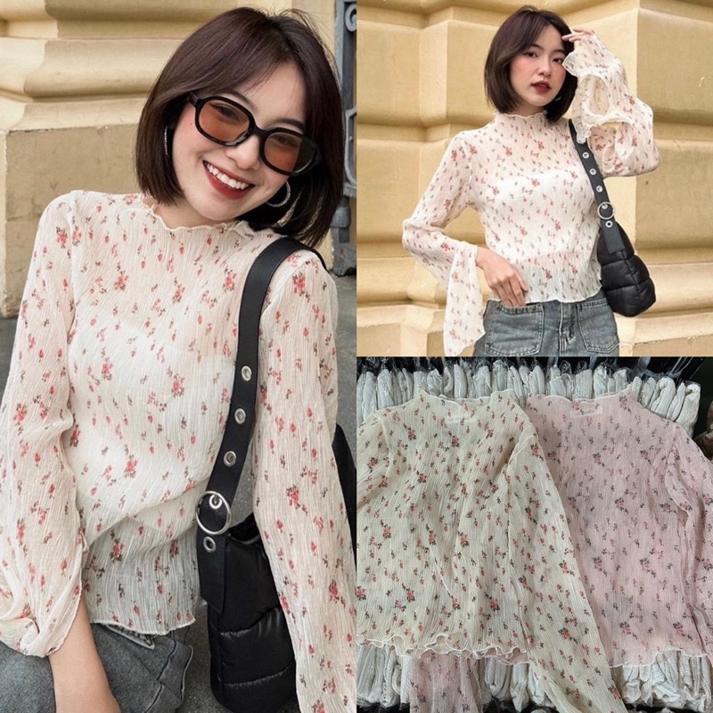 Áo voan dập ly nền hoa mỏng tay loe xẻ form ngắn màu kem vàng và hồng nhạt freesize Pumi