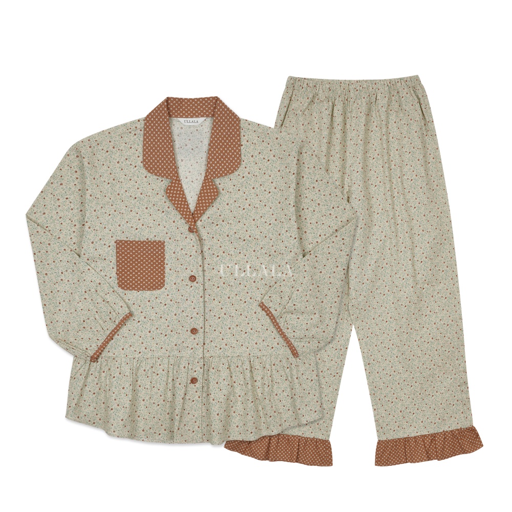 Set ngủ tay dài #Ullala hoa nhí túi cam