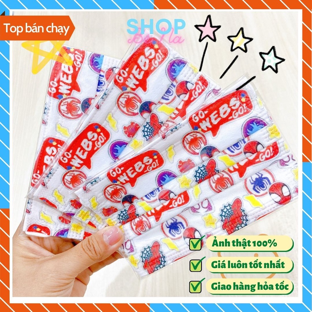 Khẩu trang cho bé hình dễ thương set 50 cái loại y tế hoạt hình người nhện màu đỏ đẹp sắc nét dày dặn