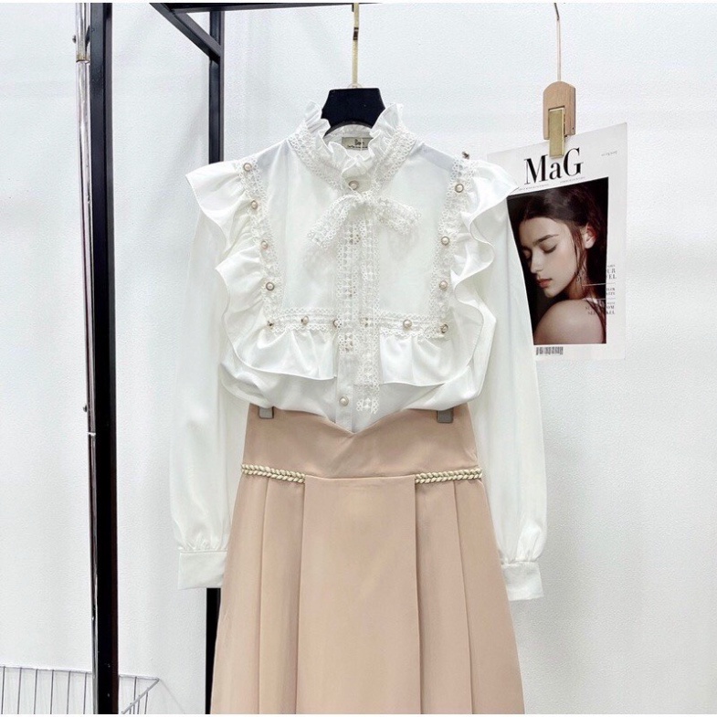 Áo sơ mi nữ - Áo sơ mi kiểu phối nơ điệu đà - tiểu thư sang chảnh mặc đi làm, đi học nội y xanh - chất mát