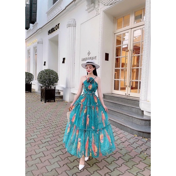Đầm Hoa Xòe Maxxi Voan Dài Có Lót Mút Bông Ngực
