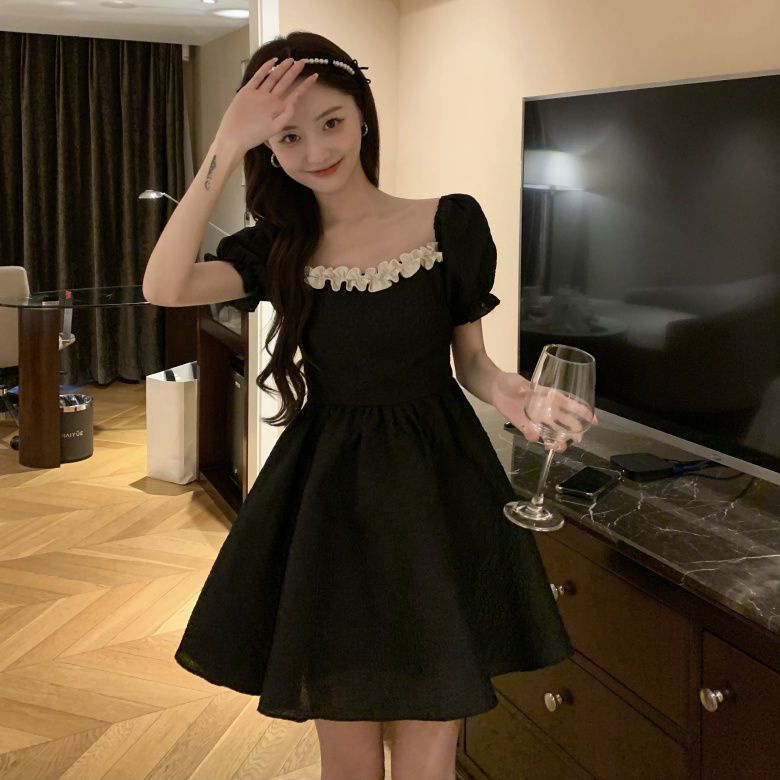 Đầm Ngắn Tay Phồng Thắt Nơ Nhấn Eo Màu Đen Phong Cách Pháp Thời Trang Mùa Hè Cho Nữ