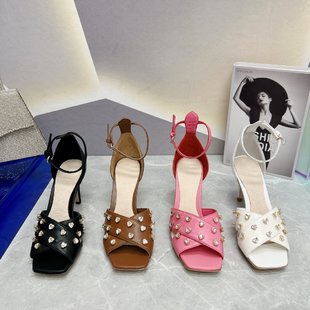 Sandal cao gót nữ đính đá da thật thời trang cao cấp Valentino thiết kế cá tính, nổi bật