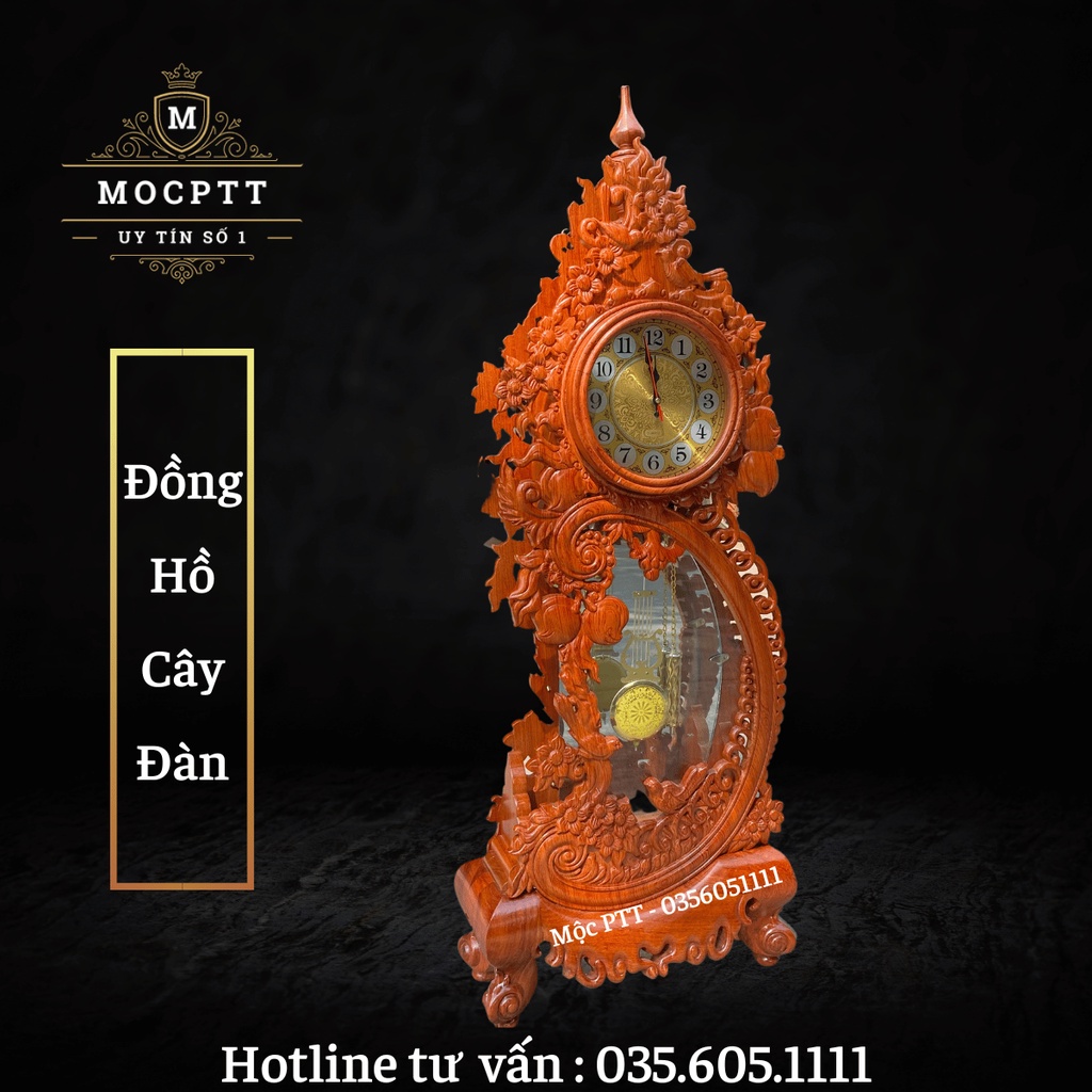 Đồng hồ quả lắc gỗ Hương Đá mẫu Cây Đàn kích thước 110 x 45 x 17 cm máy điện tử chạy PIN