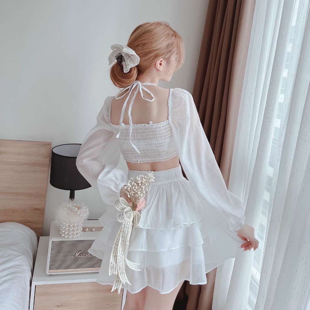 Đầm dự tiệc nữ dáng xòe tầng tay dài phồng nhẹ có bo chun khoét eo và có dây rút ngực rất đáng yêu thời trang nữ