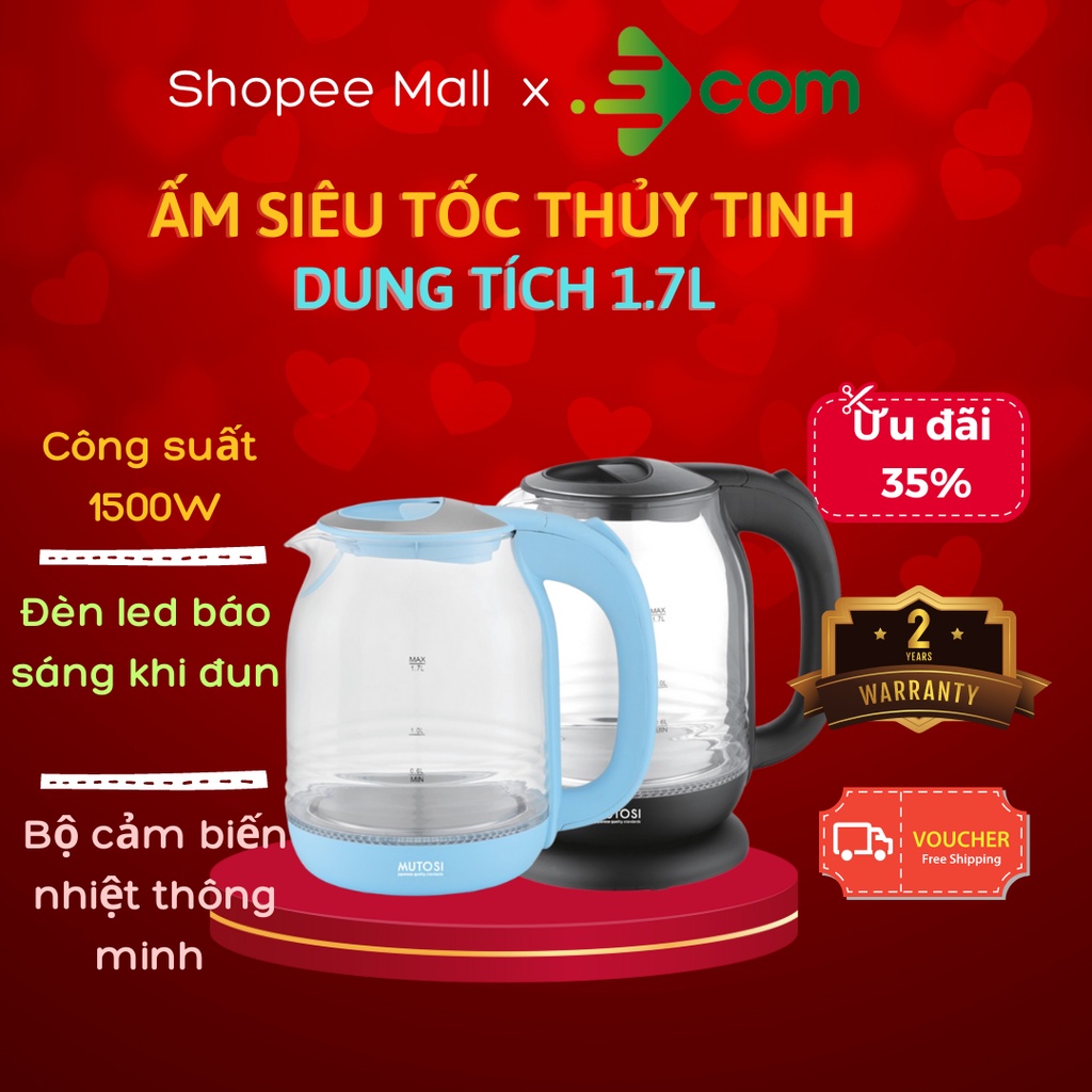 Ấm siêu tốc Mutosi MK-16, dung tích 1.7L,bình thủy tinh cao cấp chịu nhiệt tốt, công nghệ Nhật Bản