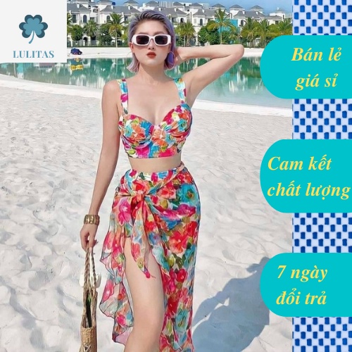 SET BIKIBI, ĐỒ BƠI ĐI BIỂN HOA HỒNG KÈM KHĂN MẪU MỚI SEXY LULITAS BM-119