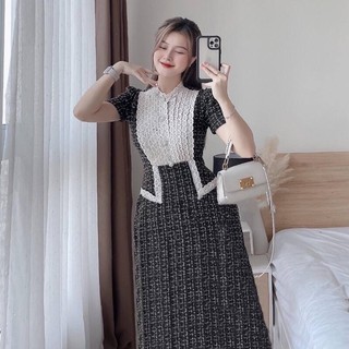 Đầm midi dạ bố phối cổ ren