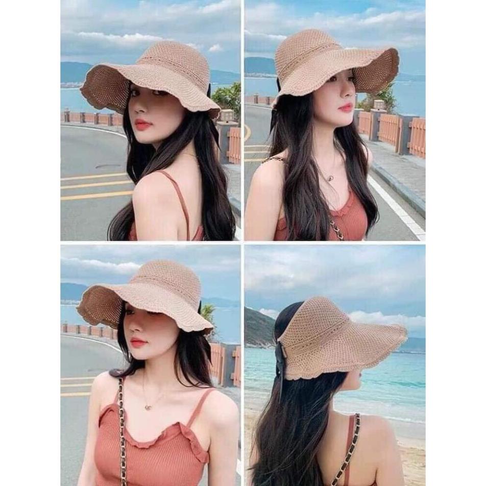 Mũ nón nữ cói gấp gọn nửa đầu thắt nơ sau phong cách Hàn Quốc